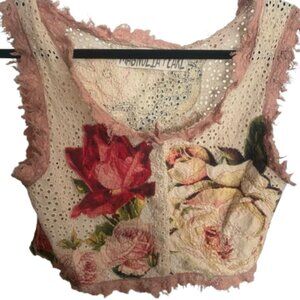 Magnolia Pearl Sleeveless Rose Flower Top Button Front Lace M/L NWOT